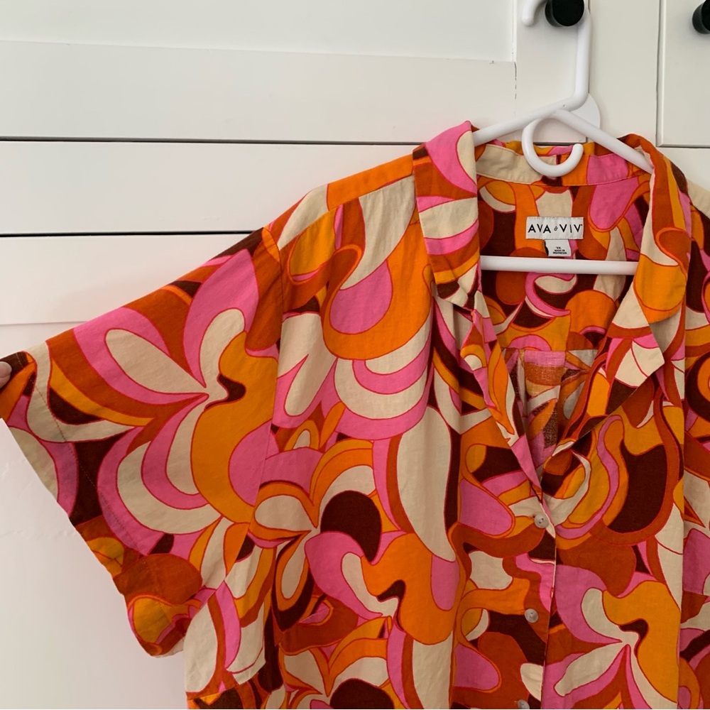 Ava & Viv Orange Pink Floral Button Linen Shirt Size 3X - Picture 3 of 7